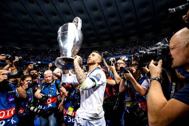 Mandatory Credit: Photo by Robbie Stephenson Jmp Shutterstock (9694113dl) Sergio Ramos of Real Madrid lifts the Champions League Trophy Real Madrid v Liverpool, Ukraine - 26 May 2018 EDITORIAL USE ONLY Real Madrid v Liverpool, Ukraine - 26 May 2018 EDITORIAL USE ONLY  Copyright: xRobbiexStephenson Jmp Shutterstockx 9694113dl
