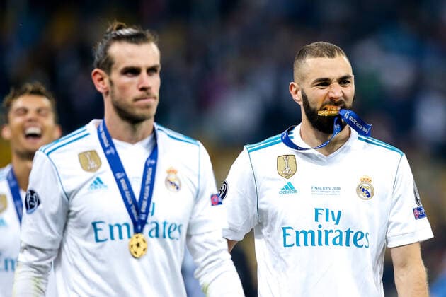 Mandatory Credit: Photo by Robbie Stephenson Jmp Shutterstock (9694113em) Karim Benzema of Real Madrid and Gareth Bale of Real Madrid celebrate winning the Champions League after both scoring in the Final against Liverpool Real Madrid v Liverpool, Ukraine - 26 May 2018 EDITORIAL USE ONLY Real Madrid v Liverpool, Ukraine - 26 May 2018 EDITORIAL USE ONLY  Copyright: xRobbiexStephenson Jmp Shutterstockx 9694113em
