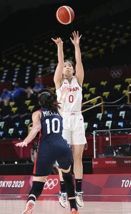 Tokyo Olympics: Basketball Moeko Nagaoka (0) of Japan shoots a three-pointer with less than one minute left in the fourth quarter against France in the preliminary round of the Tokyo Olympic women s basketball on July 27, 2021, at Saitama Super Arena near Tokyo.  A14AA0000754621P