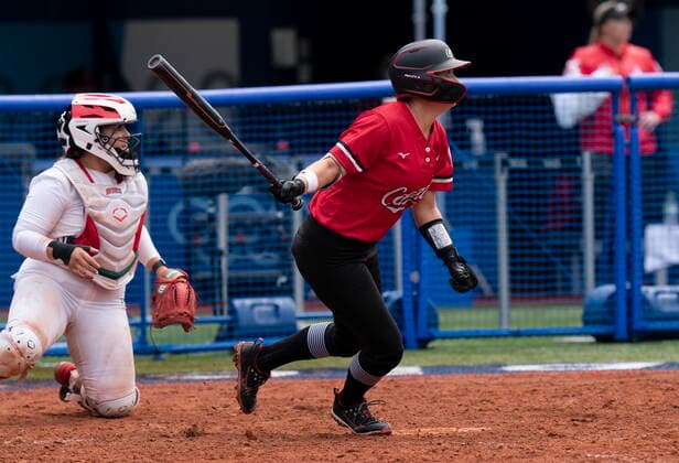 July 27, 2021, Yokohama, Japan: CanadaÃ¢â‚¬â ¢s softball player Kelsey Harshman, from Delta, B.C. hits a sacrifice fly to score the game-winning run during the bronze medal game against Mexico at the Tokyo Olympics, Tuesday, July 27, 2021 in Yokohama, Japan. Canada News - July 27, 2021  - ZUMAc35_ 20210727_zaf_c35_029 Copyright: xThexCanadianxPressx