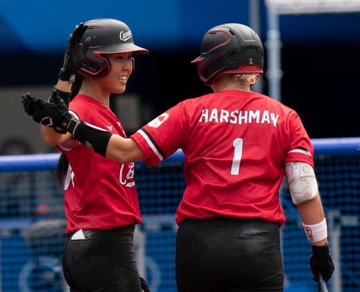 July 27, 2021, Yokohama, Japan: CanadaÃ¢â‚¬â ¢s softball player Janet Leung, from Mississauga, Ont. (left) celebrates with Kelsey Harshman, from Delta, B.C. after scoring the game-winning run on a sacrifice fly during the bronze medal game against Mexico at the Tokyo Olympics, Tuesday, July 27, 2021 in Yokohama, Japan. Canada News - July 27, 2021  - ZUMAc35_ 20210727_zaf_c35_030 Copyright: xThexCanadianxPressx