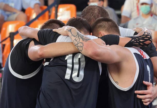 TOKYO, JAPAN - JULY 28, 2021: ROC Team s players are in action in the men s 3x3 basketball semifinal match against Serbia at the 2020 Summer Olympic Games, Olympische Spiele, Olympia, OS at Aomi Urban Sports Park. Stanislav Krasilnikov TASS  TS109F36