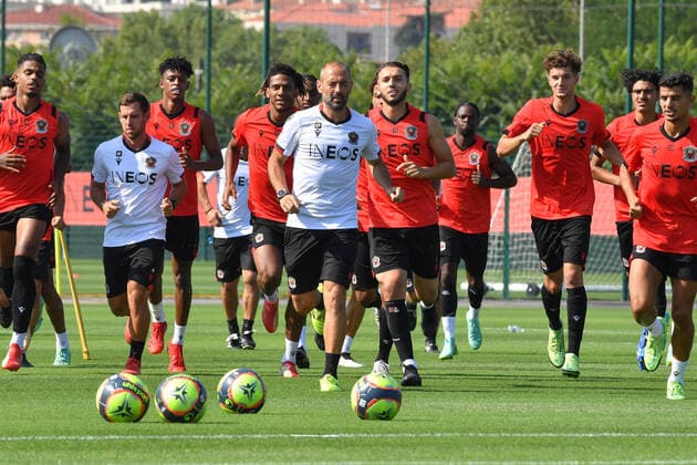 Jean-Clair Todibo, Amine Gouiri, Christophe Galtier - Entrainement de l OGC Nice au Centre d Entrainement et de Formation de l OGC Nice. FOOTBALL : Entrainement de l OGC Nice - 28 07 2021 LionelUrman Panoramic 