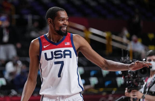 (210728) -- TOKYO, July 28, 2021 -- Kevin Durant of the United States reacts during the men s preliminary round match of basketball between the United States and Iran at Tokyo 2020 Olympic Games, Olympische Spiele, Olympia, OS in Saitama, Japan, July 28, 2021. ) (TOKYO2020)JAPAN-SAITAMA-OLY-BASKETBALL-MEN S PRELIMINARY MengxYongmin 