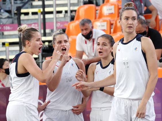 TOKYO, JAPAN - JULY 28, 2021: ROC s Olga Frolkina, Yevgenia Frolkina, Yulia Kozik, and Anastasia Logunova (L-R) in their women s 3x3 basketball semifinal match against China during the Tokyo 2020 Summer Olympic Games, Olympische Spiele, Olympia, OS at the Aomi Urban Sports Park. Stanislav Krasilnikov TASS  TS109FFE