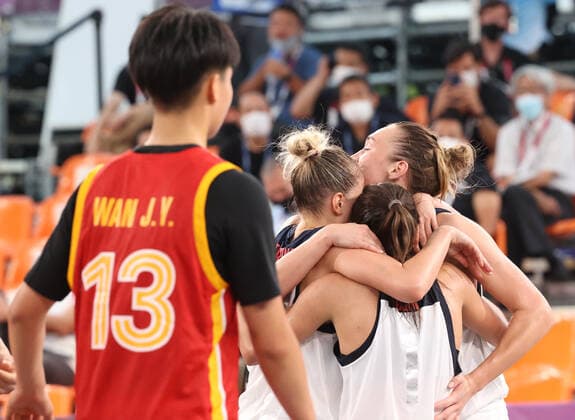 TOKYO, JAPAN - JULY 28, 2021: ROC s players react after winning their women s 3x3 basketball semifinal match against China during the 2020 Summer Olympic Games, Olympische Spiele, Olympia, OS at the Aomi Urban Sports Park. Stanislav Krasilnikov TASS  TS10A014