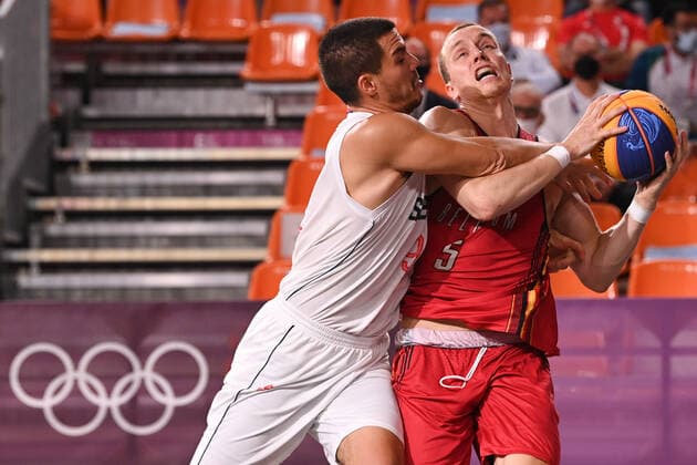Serbian Mihailo Vasic and Belgian Nick Celis fight for the ball during the game for the bronze medal, also called, the small final of Basket 3x3 between Belgium and Serbia on the sixth day of the Tokyo 2020 Olympic Games, Olympische Spiele, Olympia, OS in Tokyo, Japan on Wednesday 28 July 2021. The postponed 2020 Summer Olympics are taking place from 23 July to 8 August 2021. DIRKxWAEM  x3048790x