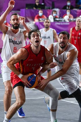 Belgian Rafael Bogaerts fights for the ball during the game for the bronze medal, also called, the small final of Basket 3x3 between Belgium and Serbia on the sixth day of the Tokyo 2020 Olympic Games, Olympische Spiele, Olympia, OS in Tokyo, Japan on Wednesday 28 July 2021. The postponed 2020 Summer Olympics are taking place from 23 July to 8 August 2021. ROBxWALBERS  x3048859x