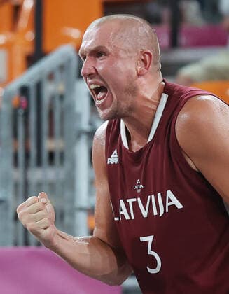 TOKYO, JAPAN - JULY 28, 2021: Latvia s Edgars Krumins reacts after winning their men s 3x3 basketball gold medal match against the ROC Team during the Tokyo 2020 Summer Olympic Games, Olympische Spiele, Olympia, OS at the Aomi Urban Sports Park. Stanislav Krasilnikov TASS  TS10A100