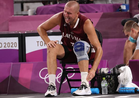 TOKYO, JAPAN - JULY 28, 2021: Latvia s Edgars Krumins looks on in their men s 3x3 basketball gold medal match against the ROC Team during the Tokyo 2020 Summer Olympic Games, Olympische Spiele, Olympia, OS at the Aomi Urban Sports Park. Stanislav Krasilnikov TASS  TS10A117