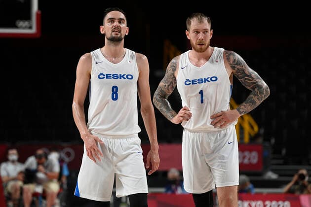 Czech Tomas Satoransky, left, and Patrik Auda during the basketball Group A match Czech Republic vs. France in Tokyo 2020 Summer Olympics, Japan, July 28, 2021. (CTKxPhoto OndrejxDeml) CTKPhotoP2021072813171 