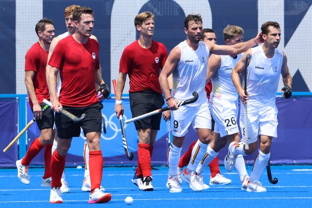 Belgium s Sebastien Dockier celebrates after scoring during a hockey match between Belgium s Red Lions and Canada, in pool B of the men s Field hockey, Feldhockey tournament, on the seventh day of the Tokyo 2020 Olympic Games, Olympische Spiele, Olympia, OS in Tokyo, Japan on Thursday 29 July 2021. The postponed 2020 Summer Olympics are taking place from 23 July to 8 August 2021. BENOITxDOPPAGNE  x3049055x