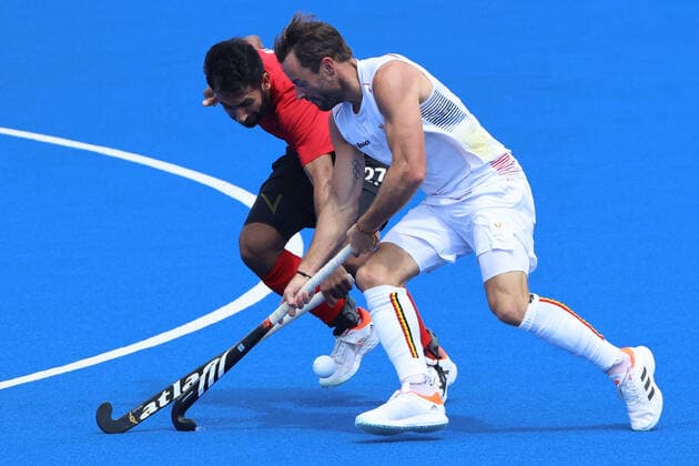 Belgium s Sebastien Dockier fights for the ball during a hockey match between Belgium s Red Lions and Canada, in pool B of the men s Field hockey, Feldhockey tournament, on the seventh day of the Tokyo 2020 Olympic Games, Olympische Spiele, Olympia, OS in Tokyo, Japan on Thursday 29 July 2021. The postponed 2020 Summer Olympics are taking place from 23 July to 8 August 2021. BENOITxDOPPAGNE  x3049086x