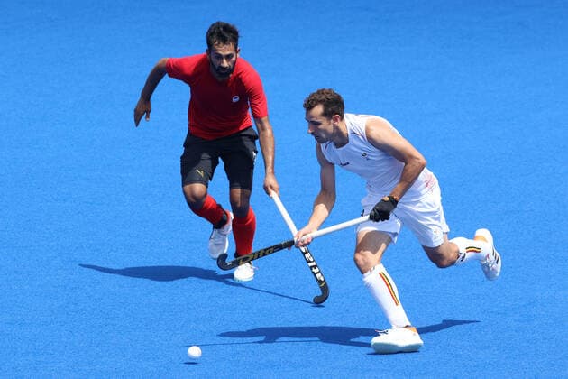 Belgium s Florent van Aubel fights for the ball during a hockey match between Belgium s Red Lions and Canada, in pool B of the men s Field hockey, Feldhockey tournament, on the seventh day of the Tokyo 2020 Olympic Games, Olympische Spiele, Olympia, OS in Tokyo, Japan on Thursday 29 July 2021. The postponed 2020 Summer Olympics are taking place from 23 July to 8 August 2021. BENOITxDOPPAGNE  x3049100x