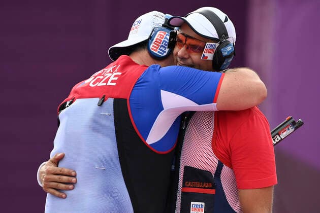 Czech sports shooters David Kostelecky, right, and Jiri Liptak, left, are seen during shooting trap men s final within the Tokyo 2020 Summer Olympics, on July 29, 2021, in Tokyo, Japan. Liptak won gold and Kostelecky won silver medal. (CTKxPhoto OndrejxDeml) CTKPhotoP2021072907374  dml