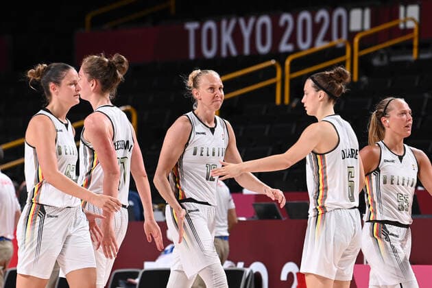 Belgian Cats Jana Raman, Belgian Cats Emma Meesseman, Belgian Cats Ann Wauters, Belgian Cats Antonia Tonia Delaere and Belgian Cats Julie Allemand pictured during a basketball game between Belgium s Belgian Cats and Puerto Rico, in the women s preliminary round group C, on the eighth day of the Tokyo 2020 Olympic Games, Olympische Spiele, Olympia, OS in Tokyo, Japan on Friday 30 July 2021. The postponed 2020 Summer Olympics are taking place from 23 July to 8 August 2021. ROBxWALBERS  x3049996x