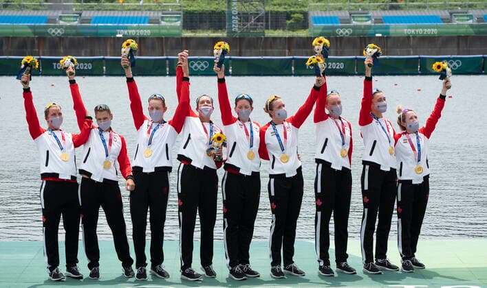 July 30, 2021, Tokyo, Japan: Canadaâ€⠢s Lisa Roman, Kasia Gruchalla-Wesierski, Christine Roper, Andrea Proske, Susanne Grainger, Madison Mailey, Sydney Payne, Avalon Wasteneys and Kristen Kit celebrate on the podium after winning the gold medal in womenâ€⠢s eight rowing competition at the Tokyo Olympics, Friday, July 30, 2021 in Tokyo, Japan. Lisa Roman Kasia Gruchalla-Wesierski Christine Roper Andrea Proske Susanne Grainger Madison Mailey Sydney Payne Avalon Wasteneys - ZUMAc35_ 20210730_zaf_c35_008 Copyright: xAdrianxWyldx