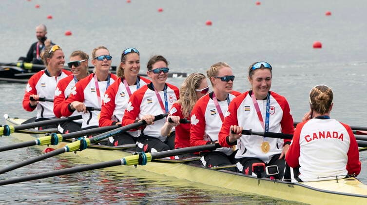 July 30, 2021, Tokyo, Japan: Canadaâ€⠢s Kristen Kit switches places with Madison Mailey as Lisa Roman, Kasia Gruchalla-Wesierski, Christine Roper, Andrea Proske, Susanne Grainger, ,Sydney Payne, Avalon Wasteneys leave the podium area following a medal presentation in womenâ€⠢s eight rowing competition at the Tokyo Olympics, Friday, July 30, 2021 in Tokyo, Japan. Lisa Roman Kasia Gruchalla-Wesierski Christine Roper Andrea Proske Susanne Grainger Madison Mailey Sydney Payne Avalon Wasteneys - ZUMAc35_ 20210730_zaf_c35_010 Copyright: xAdrianxWyldx
