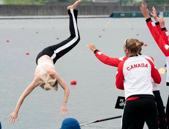 July 30, 2021, Tokyo, Japan: Canadian rowers throw Kristen Kit into the water after winning the gold medal in womenÃ¢â‚¬â ¢s eight rowing competition at the Tokyo Olympics, Friday, July 30, 2021 in Tokyo, Japan. Kristen Kit..  - ZUMAc35_ 20210730_zaf_c35_013 Copyright: xAdrianxWyldx
