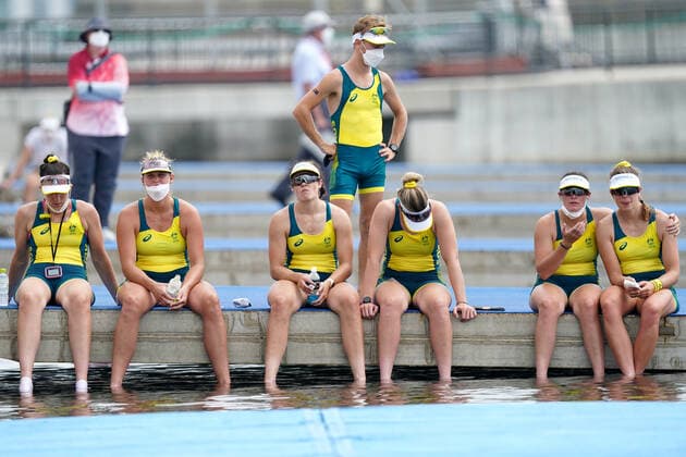 OLY21 ROWING FINALS, The Australian Womens? Eight crew react after missing out on a medal in the Women?s Eight Final at the Sea Forest Waterway during the Tokyo Olympic Games, Olympische Spiele, Olympia, OS in Tokyo, Japan, Friday, July 30, 2021. ( NO ARCHIVING, EDITORIAL USE ONLY, NO USE IN BOOKS WITHOUT CONSENT TOKYO JAPAN Copyright: xMIKExEGERTONx 20210730001561958947