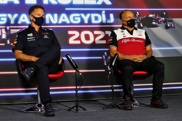 F1 Grand Prix of Hungary Christian Horner (GBR, Red Bull Racing), Frederic Vasseur (FRA, Alfa Romeo Racing ORLEN), F1 Grand Prix of Hungary at Hungaroring on July 30, 2021 in Budapest, Hungary. (Photo by xpbimages.com XPB Images FIA Pool via HOCH ZWEI) Budapest Hungary Poolfoto HOCH ZWEI Pool XPB Images ,EDITORIAL USE ONLY