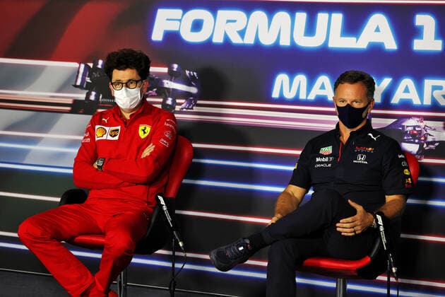 F1 Grand Prix of Hungary Mattia Binotto (ITA, Scuderia Ferrari Mission Winnow), Christian Horner (GBR, Red Bull Racing), F1 Grand Prix of Hungary at Hungaroring on July 30, 2021 in Budapest, Hungary. (Photo by xpbimages.com XPB Images FIA Pool via HOCH ZWEI) Budapest Hungary Poolfoto HOCH ZWEI Pool XPB Images ,EDITORIAL USE ONLY