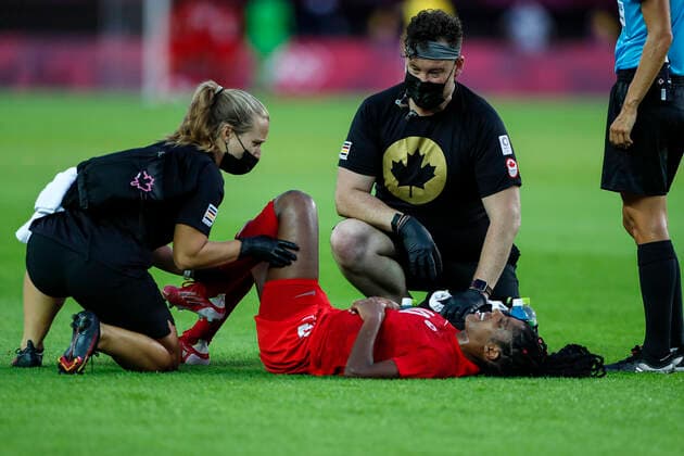 Canada v Brazil: Women s Football QuarterFinal - Olympics: Day 7 (10) Ashley LAWRENCE of Team Canada fall during the Women s Quarter Final match between Canada and Brazil on day seven of the Tokyo 2020 Olympic Games, Olympische Spiele, Olympia, OS at Miyagi Stadium Tokyo Japan aref-notitle210730_npO5r  Copyright: xAymanxArefx