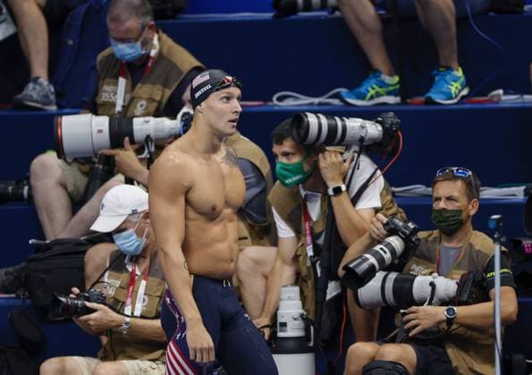 Caeleb Dressel of USA celebrates winning the Mens 100m Butterfly Swimming Final with a time of 49;45 and new world record at the Tokyo Aquatics Center, during the Tokyo Summer Olympic Games, Olympische Spiele, Olympia, OS in Tokyo, Japan, on Saturday July 31, 2021.  OLY20210731407 TASOSxKATOPODIS