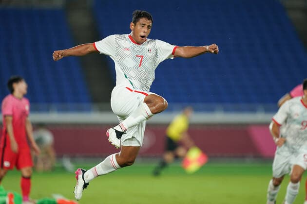 Mandatory Credit: Photo by Daniela Porcelli SPP Shutterstock (12240569f) Luis Romo (7 Mexico) celebrates scoring the 2nd team goal during the Mens Olympic Football Tournament Tokyo 2020 quarterfinal match between Republic of Korea and Mexico at International Stadium Yokohama in Yokohama, Japan. Republic of Korea v Mexico - Tokyo 2020 Olympics Football - International Stadium Yokohama Yokohama, Japan, July 31st 2021:, Yokohama, Japan - 31 Jul 2021 Republic of Korea v Mexico - Tokyo 2020 Olympics Football - International Stadium Yokohama Yokohama, Japan, July 31st 2021:, Yokohama, Japan - 31 Jul 2021  Copyright: xDanielaxPorcelli SPP Shutterstockx 12240569f
