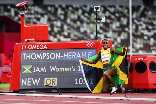 210731 Elaine Thompson Herah of Jamaica celebrates after womens 100 meter final during day 8 of the Tokyo 2020 Olympic Games on July 31, 2021 in Tokyo Photo Jon Olav Nesvold PICTURE CELEBRATION COP 217 JM0179 bbeng athletics athletics athletics olympic games olympics os ol olympic games olympic leker tokyo2020 tokyo 2020 tokyo os tokyo ol jubel celebration,  Copyright: JONxOLAVxNESVOLD BB210731JE066