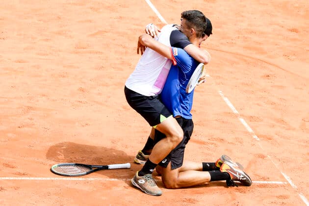 TENNIS - ATP, Tennis Herren Generali Open 2021 KITZBUEHEL,AUSTRIA,31.JUL.21 - TENNIS - ATP World Tour, Generali Open. Image shows the rejoicing of Lucas Miedler and Alexander Erler (AUT).  GEPAxpictures xPatrickxSteiner