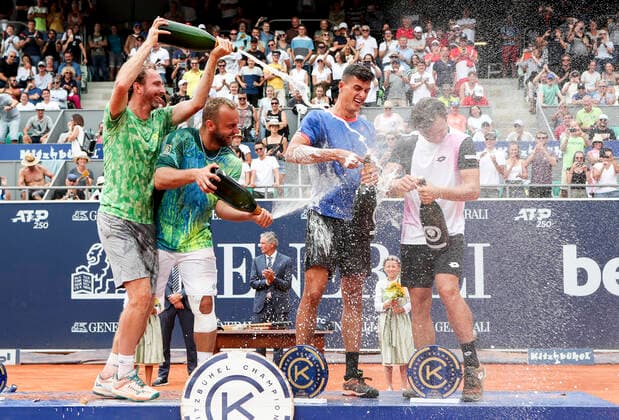 TENNIS - ATP, Tennis Herren Generali Open 2021 KITZBUEHEL,AUSTRIA,31.JUL.21 - TENNIS - ATP World Tour, Generali Open. Image shows Matwe Middelkoop (NED), Roman Jebavy (CZE), Alexander Erler and Lucas Mieder (AUT). Keywords: champagne shower.  GEPAxpictures xPatrickxSteiner