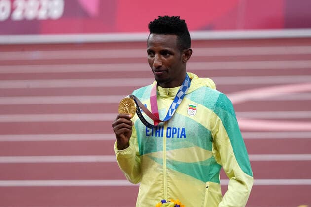 Tokyo , Olympic Summer Games, Olympic Summer Games Tokyo, 31 07 2021, Olympic Stadium Tokyo , Selemon Barega Ethiopirn with gold medals athletics 10000m winner.