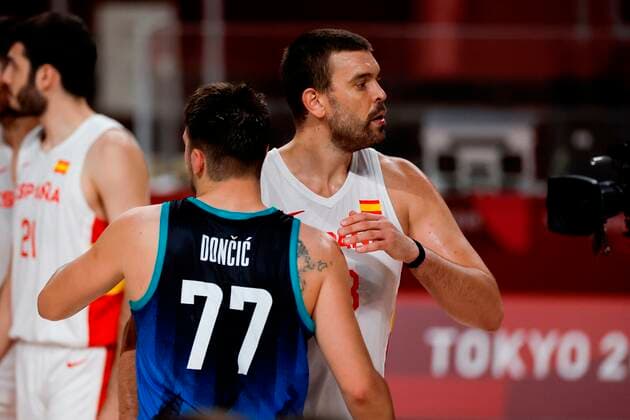Spain s Marc Gasol (R) and Slovenia s Luka Doncic (L) react following their match for Group C of men s basketball between Spain and Slovenia for the 2020 Olympic Games, Olympische Spiele, Olympia, OS at the Saitama Super Arena in Tokyo, Japan, 01 August 2021. 2020 Olympics Basketball: Spain - Slovenia !ACHTUNG: NUR REDAKTIONELLE NUTZUNG!  Copyright: xFernandoxBizerrax EVE5905 20210801-3821d32ff062a79d7c6f41a8d649dd836a5c401a