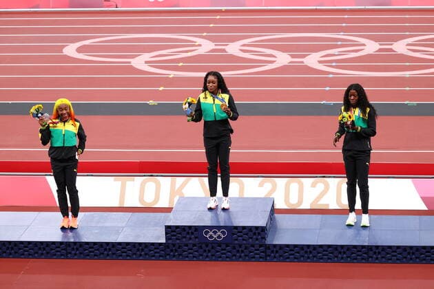 FRASER-PRYCE Shelly-Ann (JAM), THOMPSON-HERAH Elaine (JAM), JACKSON Shericka (JAM), AUGUST 1, 2021 - Athletics : Women s 100m Final medal ceremony during the Tokyo 2020 Olympic Games, Olympische Spiele, Olympia, OS at the National Stadium in Tokyo, Japan. Noxthirdxpartyxsales  (166116508)
