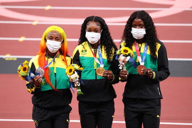 FRASER-PRYCE Shelly-Ann (JAM), THOMPSON-HERAH Elaine (JAM), JACKSON Shericka (JAM), AUGUST 1, 2021 - Athletics : Women s 100m Final medal ceremony during the Tokyo 2020 Olympic Games, Olympische Spiele, Olympia, OS at the National Stadium in Tokyo, Japan. Noxthirdxpartyxsales  (166116509)