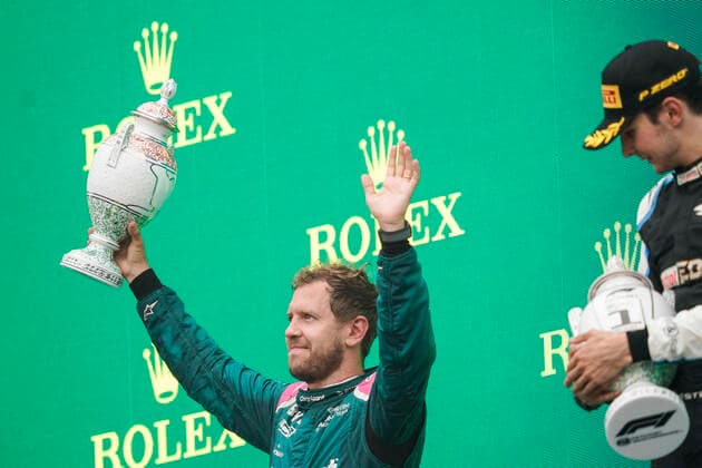 August 1, 2021, Mogyorod, Hungary: SEBASTIAN VETTEL of Germany and Aston Martin F1 Team is seen on the podium after finishing second in the 2021 FIA Formula 1 Hungarian Grand Prix at the Hungaroring in Mogyorod near Budapest, Hungary. Mogyorod Hungary - ZUMAg147 20210801_zap_g147_073 Copyright: xJamesxGasperottix