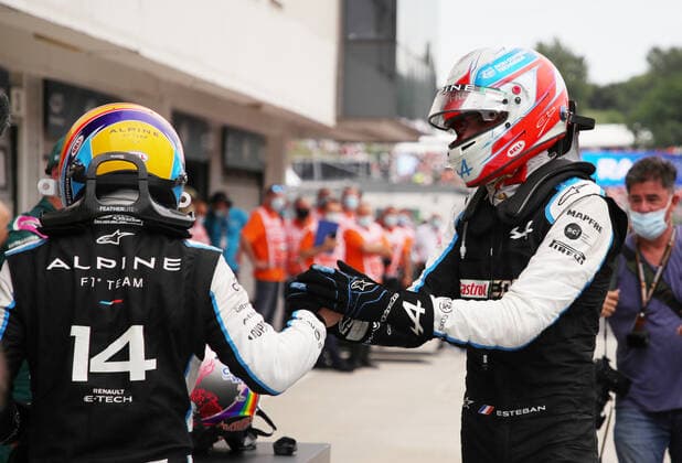 F1 Grand Prix of Hungary 14 Fernando Alonso (ESP, Alpine F1 Team), 31 Esteban Ocon (FRA, Alpine F1 Team), F1 Grand Prix of Hungary at Hungaroring on August 1, 2021 in Budapest, Hungary. (Photo by Florion Goga REUTERS FIA Pool via HOCH ZWEI) Budapest Hungary Poolfoto HOCH ZWEI Pool REUTERS ,EDITORIAL USE ONLY