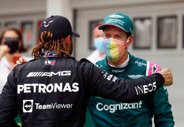 F1 Grand Prix of Hungary 44 Lewis Hamilton (GBR, Mercedes-AMG Petronas F1 Team), 5 Sebastian Vettel (GER, Aston Martin Cognizant F1 Team), F1 Grand Prix of Hungary at Hungaroring on August 1, 2021 in Budapest, Hungary. (Photo by Florion Goga REUTERS FIA Pool via HOCH ZWEI) Budapest Hungary Poolfoto HOCH ZWEI Pool REUTERS ,EDITORIAL USE ONLY