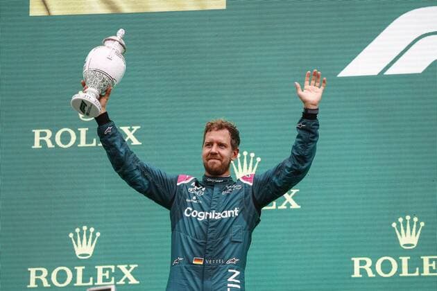 VETTEL Sebastian (ger), Aston Martin F1 AMR21, portrait podium during the Formula 1 Magyar Nagydij 2021, Hungarian Grand Prix, 11th round of the 2021 FIA Formula One World Championship, WM, Weltmeisterschaft from July 30 to August 1, 2021 on the Hungaroring, in Mogyorod, near Budapest, Hungary - FORMULE 1 : Grand Prix de Hongrie - Course - 01 08 2021 DPPI PANORAMIC 00121023__B3_6267