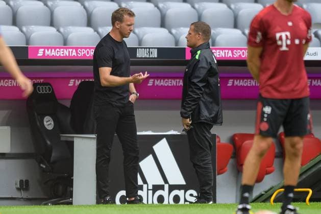 Football, friendly match, FC Bayern München Borussia Mönchengladbach In the picture Coach of FC Bayern München Julian NAGELSMANN ud Sportdirektor der Borussia Mönchengladbach Max EBERL München Allianz Arena Bayern Germany Copyright: Passion2Press MarkusxFischerx
