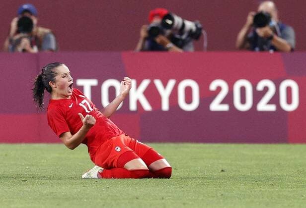Tokyo Olympics: Football Jessie Fleming reacts after scoring from the penalty spot during the second half of Canada s 1-0 semifinal victory over the United States in the women s football at the Tokyo Olympics on Aug. 2, 2021, at Kashima Stadium in Ibaraki Prefecture, eastern Japan.  A14AA0000755991P