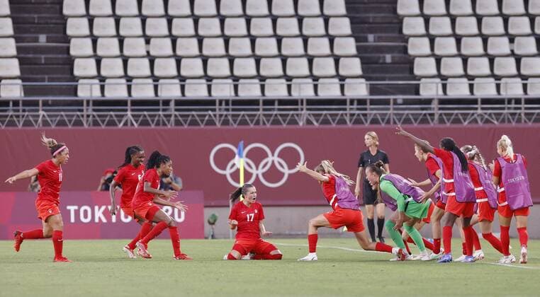 Tokyo Olympics: Football Jessie Fleming (17) reacts after scoring from the penalty spot during the second half of Canada s 1-0 semifinal victory over the United States in the women s football at the Tokyo Olympics on Aug. 2, 2021, at Kashima Stadium in Ibaraki Prefecture, eastern Japan.  A14AA0000755992P