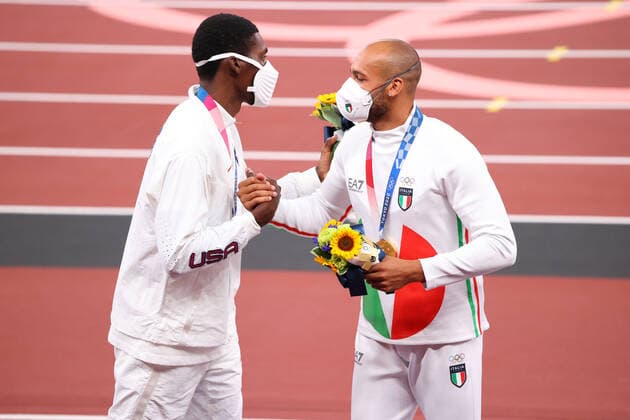 JACOBS Lamont Marcell Gold medal (ITA), KERLEY Fred Silver medal (USA), AUGUST 2, 2021 - Athletics : Men s 100m medal ceremony during the Tokyo 2020 Olympic Games, Olympische Spiele, Olympia, OS at the National Stadium in Tokyo, Japan. Noxthirdxpartyxsales  (166202283)