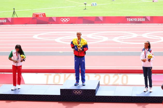 MAMONA Patricia (POR), ROJAS Yulimar (VEN), and PELETEIRO Ana (ESP), AUGUST 2, 2021 - Athletics : Women s Triple Jump Victory Celebration during the Tokyo 2020 Olympic Games, Olympische Spiele, Olympia, OS at the Olympic Stadium in Tokyo, Japan. Noxthirdxpartyxsales  (166204266)