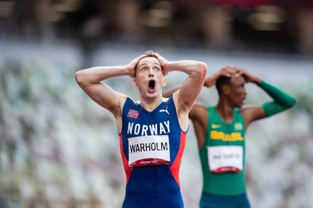 210803 Karsten Warholm of Norway celebrates after running on a new world record in men s 400 meter hurdle final during day 11 of the Tokyo 2020 Olympic Games on August 3, 2021 in Tokyo Photo Jon Olav Nesvold BILDBYRAN COP 217 JM0185 bbeng athletics athletics athletics olympic games olympics os ol olympic games olympic games tokyo2020 tokyo 2020 tokyo os tokyo ol norway norway cheers,  Copyright: JONxOLAVxNESVOLD BB210803JE037