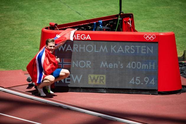 210803 Karsten Warholm of Norway celebrates after running on a new world record in men s 400 meter hurdle final during day 11 of the Tokyo 2020 Olympic Games on August 3, 2021 in Tokyo Photo Joel Marklund BILDBYRAN kod JM JM0185 bbeng athletics athletics athletics olympic games olympics os ol olympic games olympic games tokyo2020 tokyo 2020 tokyo os tokyo ol norway norway cheers,  Copyright: JONxOLAVxNESVOLD BB210803JE044