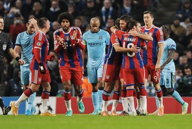 Mandatory Credit: Photo by Ian Hodgson ANL Shutterstock (5492207a) Bayern Munich s Xabi Alonso (right) Celebrates His Goal 1-1 Champions League: Manchester City V Bayern Munich (3-2) November 25th 2014. Picture By Ian Hodgson daily Mail Bayern Munich s Xabi Alonso (right) Celebrates His Goal 1-1 Champions League: Manchester City V Bayern Munich (3-2) November 25th 2014. Picture By Ian Hodgson daily Mail EDITORIAL USE ONLY No use with unauthorised audio, video, data, fixture lists (outside the EU), club league logos or live services. Online in-match use limited to 45 images (+15 in extra time). No use to emulate moving images. No use in betting, games or single club league player publications services. Bayern Munich s Xabi Alonso (right) Celebrates His Goal 1-1 Champions League: Manchester City V Bayern Munich (3-2) November 25th 2014. Picture By Ian Hodgson daily Mail EDITORIAL USE ONLY No use with unauthorised audio, video, data, fixture lists (outside the EU), club league logos or live services. Online in-match use limited to 45 images (+15 in extra time). No use to emulate moving images. No use in betting, games or Copyright: xIanxHodgson ANL Shutterstockx 5492207a