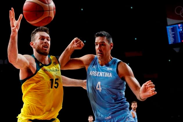 Argentinian pivot Luis Scola (R) in action against Australian pivot Nic Kay (L) during their Basketball quartefinal game between Argentina and Australia during the Tokyo 2020 Olympics Games played at Super Arena stadium of Saitama, Japan on 03 August 2021. Australia vs Argentina !ACHTUNG: NUR REDAKTIONELLE NUTZUNG!  Copyright: xEnricxFontcubertax EVE7240 20210803-b7fea1e25ebd5846425c8528f59ae75b90c43f66