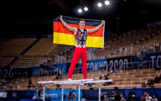 Tokyo Tokyo, 03 08 2021, Japan, Olympic Games Lukas Dauser GER wins Olympic silver on parallel bars Artistic Gymnastics Men s Parallel Bars Gymnastics Olympic Games, 2020 2021 Photo Moritz Müller Only for Editorial use